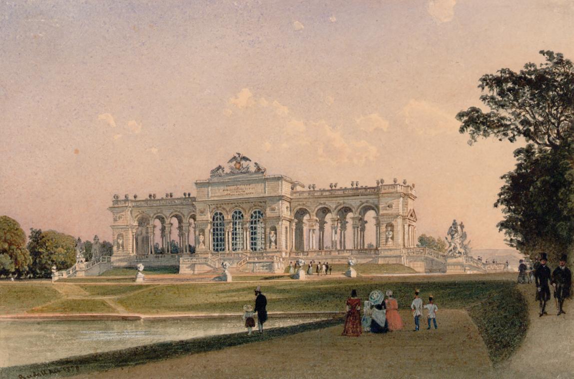 Rudolf von Alt, Die Gloriette in Schönbrunn, 1858, Aquarell, Deckweiß auf Papier, 12,6 x 18,6 c ...