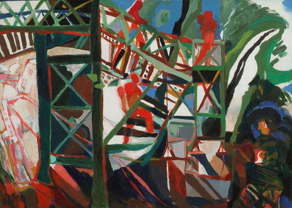 Robert Schmitt, Eisenbahnsteg, 1984, Acryl auf Leinwand, 100 × 140 cm, Eigentum der Artothek de ...