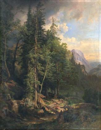 Anton Hansch, Aus den steirischen Gebirgswäldern bei Neuberg, 1868, Öl auf Leinwand, 241 x 190  ...