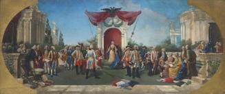 Unbekannter Künstler, Kaiserin Maria Theresia (1717–1780) im Kreis ihrer Paladine, Öl auf Leinw ...