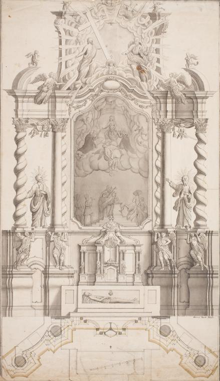 Simon Hueter, Entwurf für einen barocken Hochaltar, undatiert, Feder, laviert, auf Papier, 65 x ...