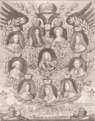 Unbekannter Stecher, Joseph I. mit Eltern und Kurfürsten, Kupferstich auf Papier, 43 x 34 cm, B ...