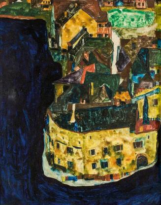 Egon Schiele, Stadt am blauen Fluß II, 1911, Bleistift, Gouache und Öl auf grundiertem Holz, 37 ...