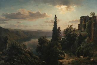 Heinrich Louis Theodor Gurlitt, Ansicht des Nemisees im Albanergebirge bei Rom, um 1850, Öl auf ...