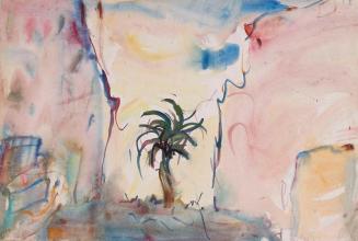 Ernestine Rotter-Peters, Häuser mit Palme (Teneriffa), 1976, Tempera auf Papier, 46,5 x 67,5 cm ...