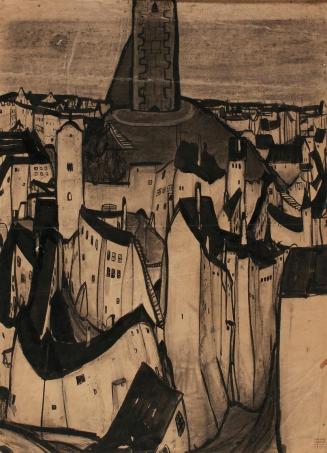 Ernestine Rotter-Peters, Alte Stadt mit Turm, um 1930, Kohle und Tusche auf Papier, 72 x 53 cm, ...