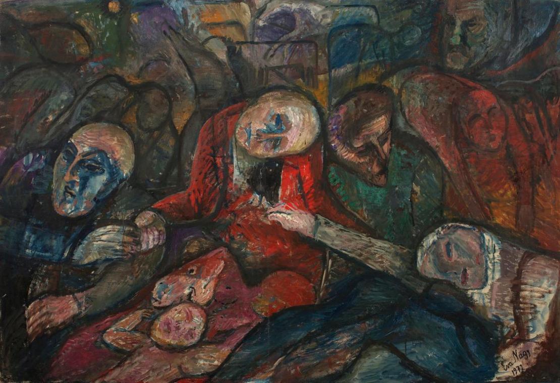 Éva Nagy, Familie, 1972, Öl auf Leinwand, 140 x 200 cm, Belvedere, Wien, Inv.-Nr. 10217