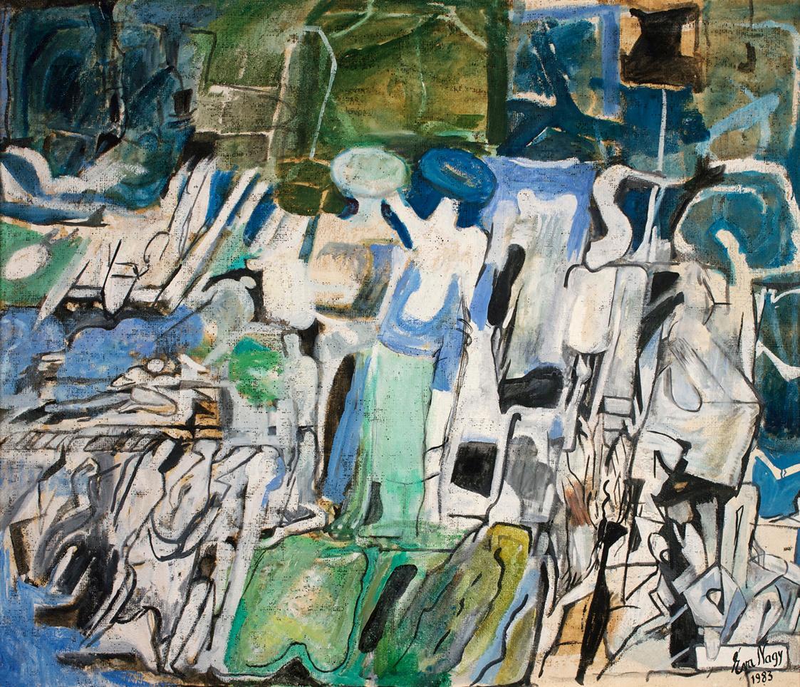 Éva Nagy, Komposition in Blau, Weiß, Schwarz, 1983, Öl auf Jute, 110 x 130 cm, Belvedere, Wien, ...