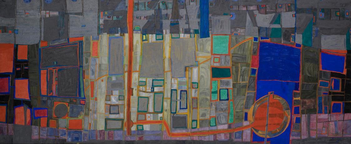 Friedensreich Hundertwasser, Die Stadt, 1953, Öl und Kasein auf Hartfaserplatte, 75 × 175 cm, 1 ...