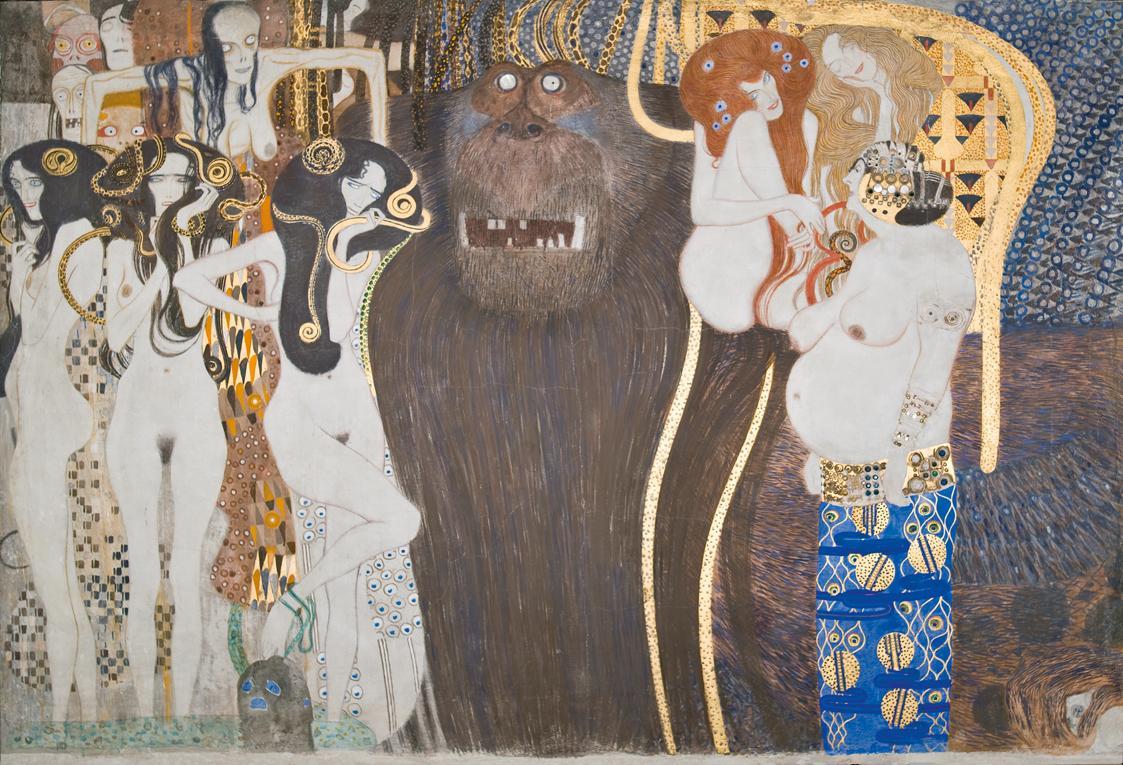 Gustav Klimt, Beethovenfries: Die feindlichen Gewalten - Tafel 1, Stirnwand, 1901, Kaseinfarben ...