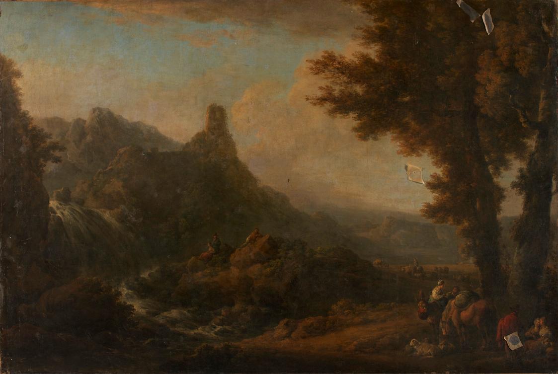 Ignaz Du Vivier, Landschaft mit Wasserfall, undatiert, Öl auf Leinwand, ungerahmt: 158 × 241 ×  ...
