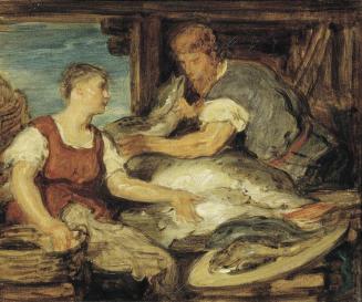 Hans Canon, Die Fischverkäuferin (Der Fischmarkt), vor 1885, Öl auf Leinwand, 26,3 x 31 cm, Bel ...