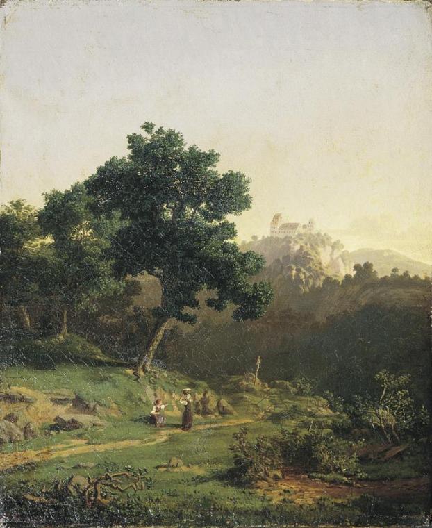 Adolf Christian Baumann, Landschaft mit Burg, 1863 (?), Öl auf Leinwand, 28 x 23,5 cm, Belveder ...