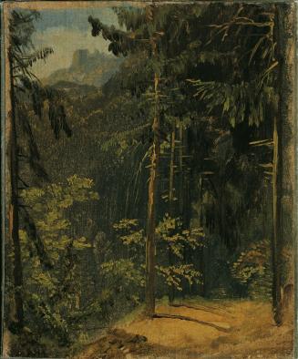 Carl Blechen, Waldweg im Harz, 1833, Öl auf Papier auf Leinwand auf Karton, 25,5 x 21 cm, Belve ...