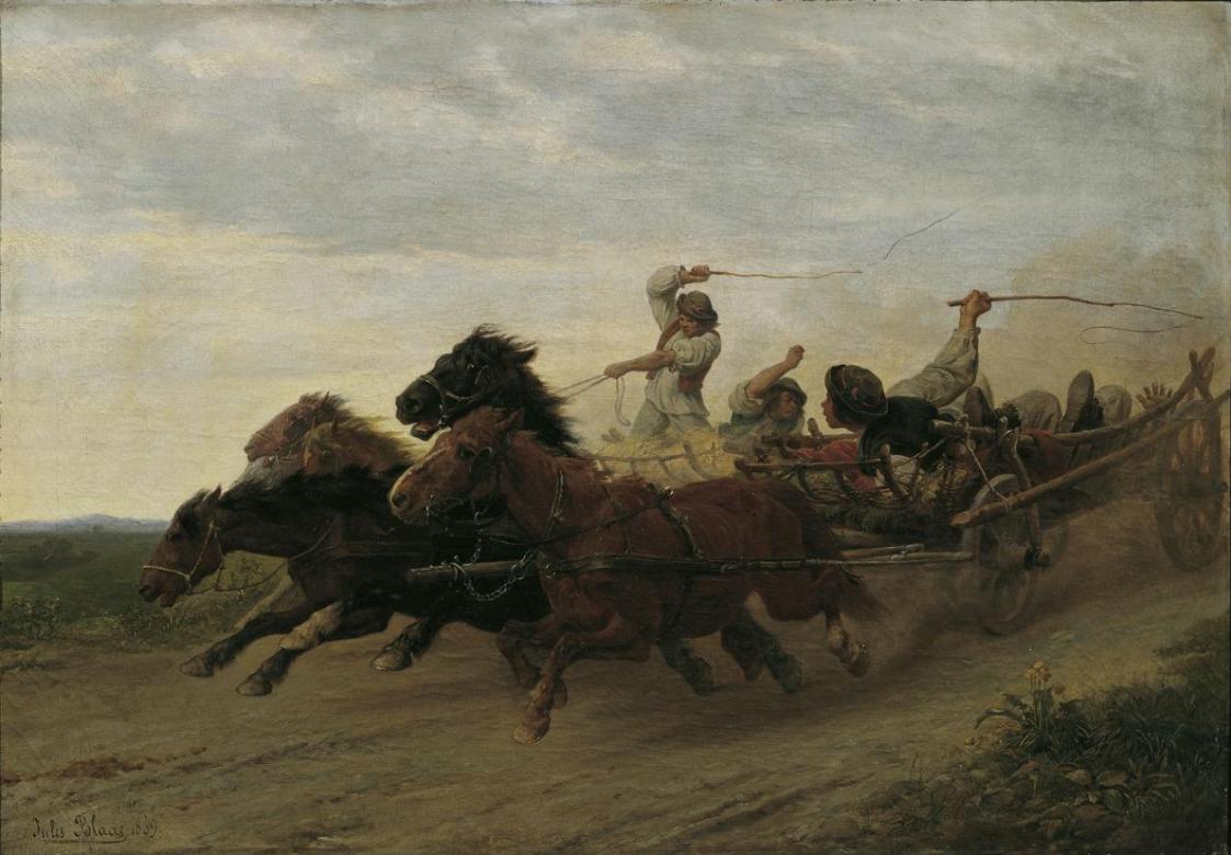 Julius von Blaas, Wettfahrt betrunkener slowakischer Bauern, 1869, Öl auf Leinwand, 60 x 86 cm, ...