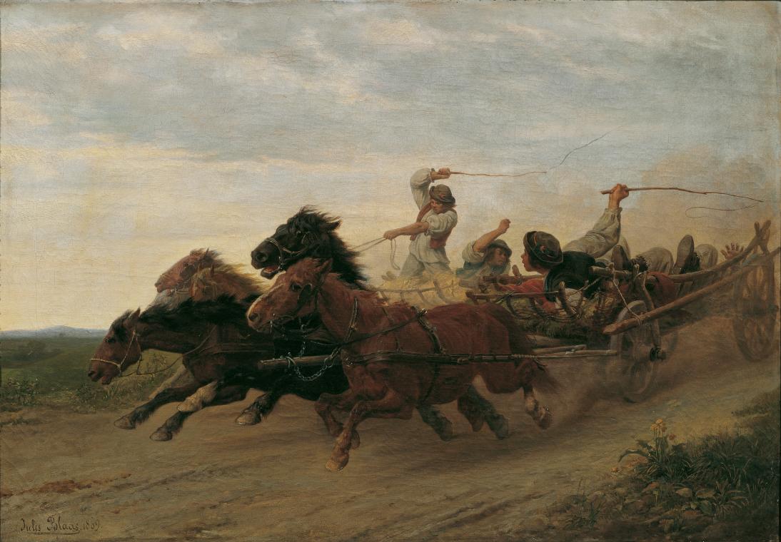 Julius von Blaas, Wettfahrt betrunkener slowakischer Bauern, 1869, Öl auf Leinwand, 60 x 86 cm, ...