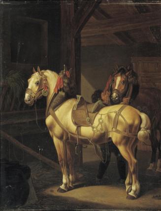 Johann Baptist Michael Dallinger von Dalling, Zwei Zugpferde im Stall, 1832, Öl auf Holz, 41,5  ...