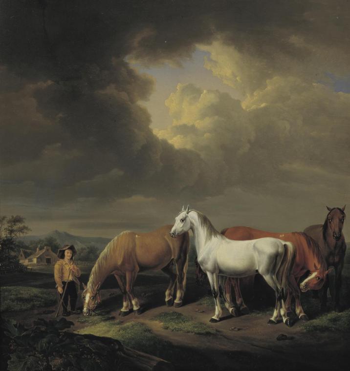 Johann Baptist Michael Dallinger von Dalling, Fünf Ackerpferde, 1830, Öl auf Holz, 80 x 74,5 cm ...