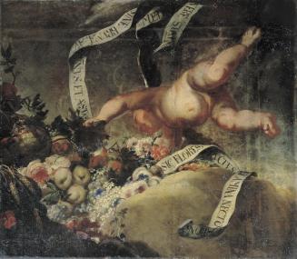 Peter Strudel, Putto mit Blumen, Früchten und Spruchband, 1698/1699, Öl auf Leinwand, 110 x 127 ...
