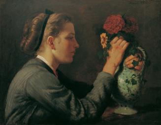 Hans Thoma, Agathe Thoma (1848–1929), die Schwester des Künstlers mit Blumen, um 1868, Öl auf L ...