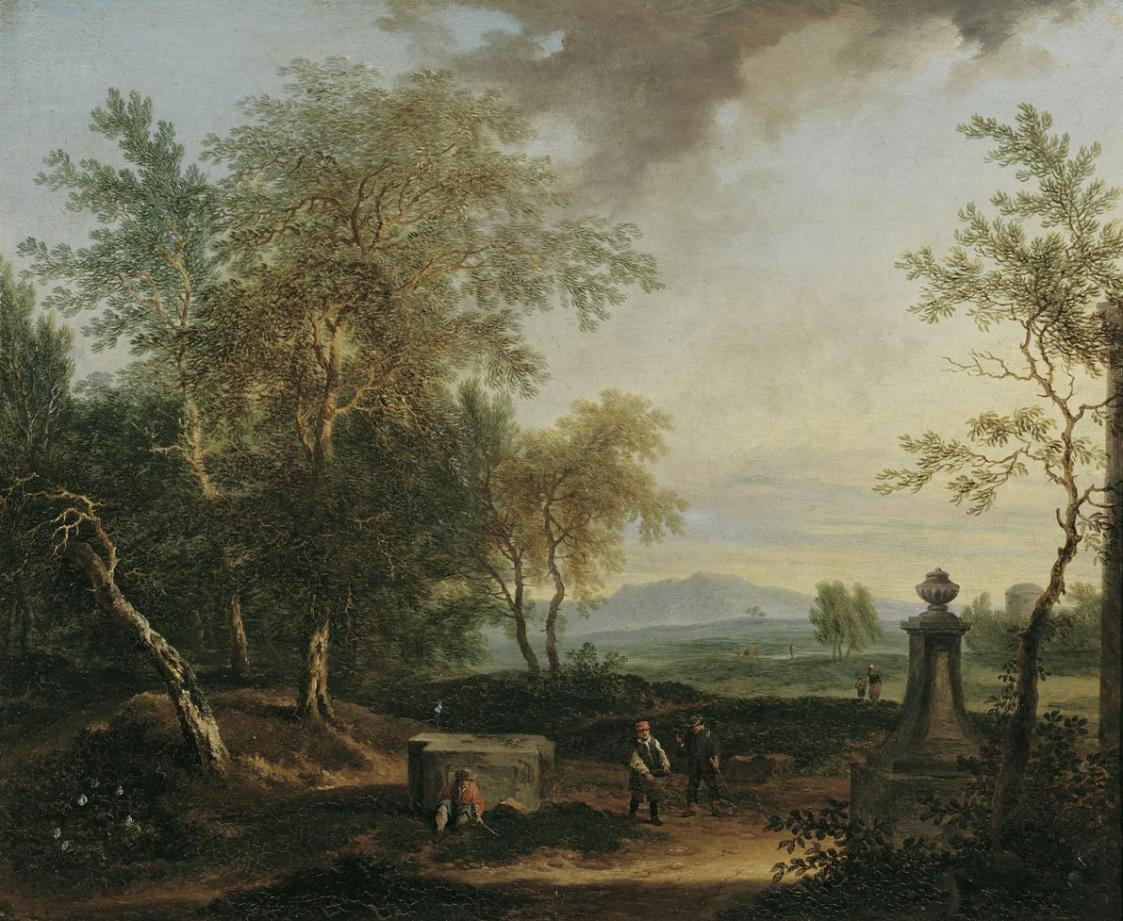 Christian Hilfgott Brandt, Landschaft mit Postament, 1753, Öl auf Holz, 40 x 48 cm, Belvedere,  ...