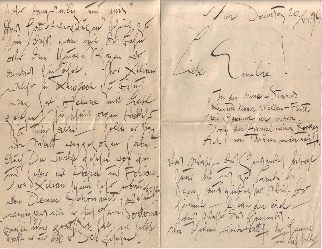 Gustav Klimt, Brief von Gustav Klimt an Emilie Flöge, 20.8.1896, Feder in schwarzer Tusche auf  ...