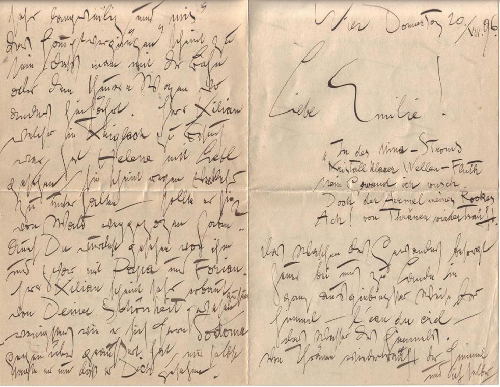 Gustav Klimt, Brief von Gustav Klimt an Emilie Flöge, 20.8.1896, Feder in schwarzer Tusche auf  ...