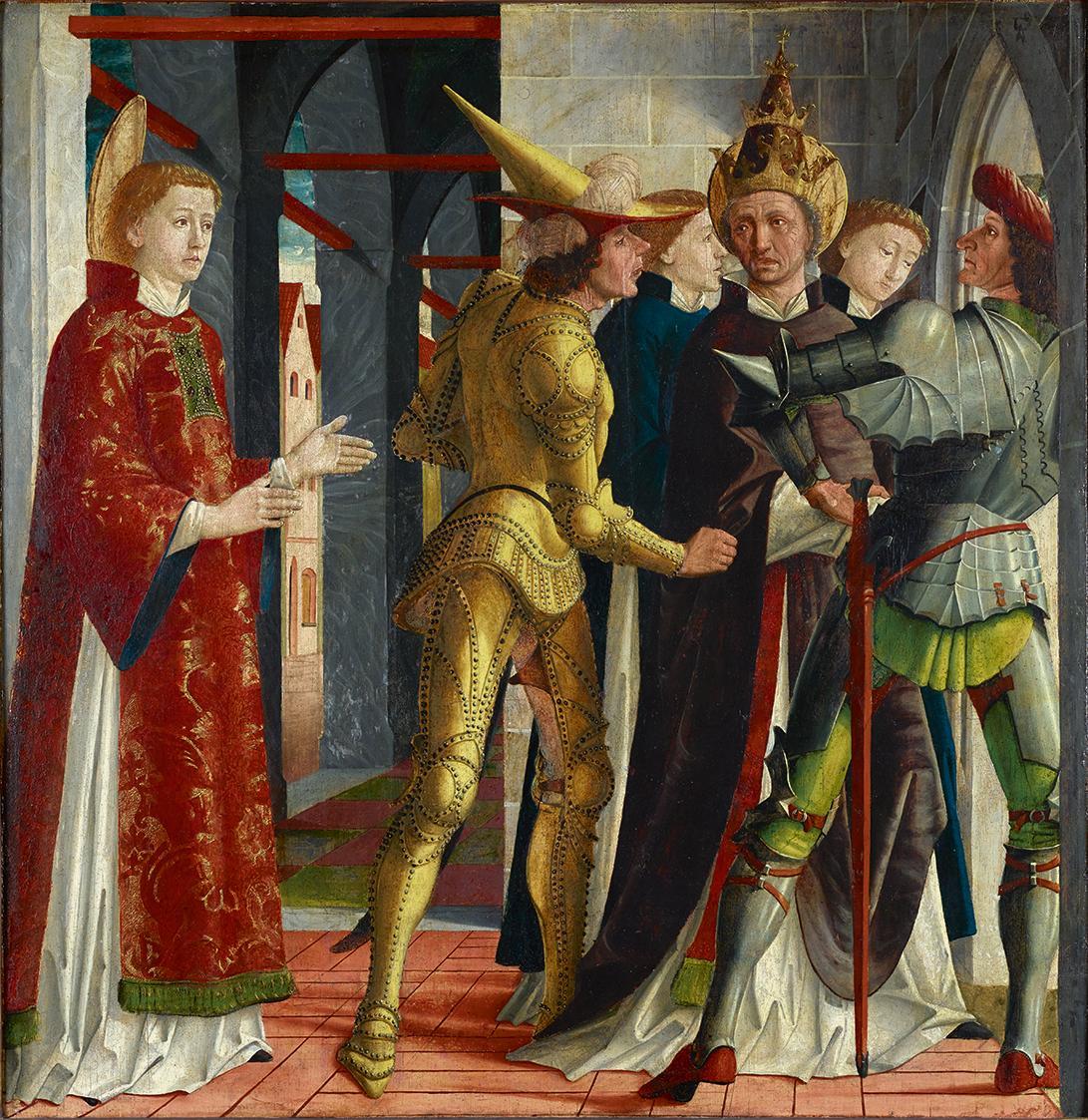 Michael Pacher, Papst Sixtus II. nimmt Abschied vom hl. Laurentius, um 1465, Malerei auf Zirben ...