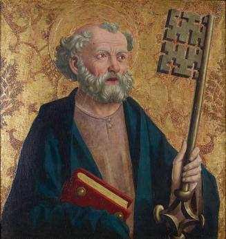 Michael Pacher, Der hl. Laurentius vor Kaiser Decius, um 1465, Malerei auf Zirbenholz, 104 x 10 ...