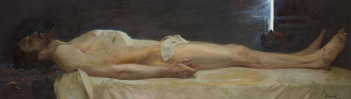 Eduard Adrian Dussek, Leichnam Christi, 1901, Öl auf Leinwand, 58 x 191 cm, Belvedere, Wien, In ...