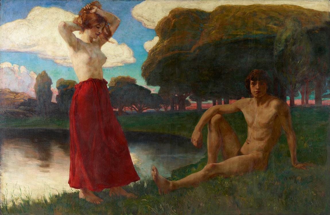 Ludwig von Hofmann, Idyll (Männlicher und weiblicher Halbakt in der Landschaft), 1894/1895, Öl  ...