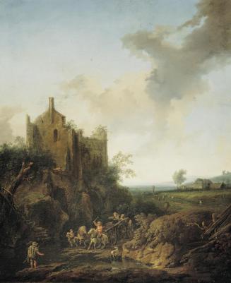 Christian Hilfgott Brandt, Landschaft mit Schlossruine und Pferdewagen, 1746, Öl auf Leinwand,  ...