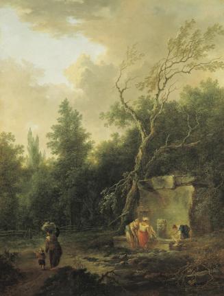 Christian Hilfgott Brandt, Baumlandschaft mit Brunnen, um 1750, Öl auf Leinwand, 63 x 49 cm, Be ...