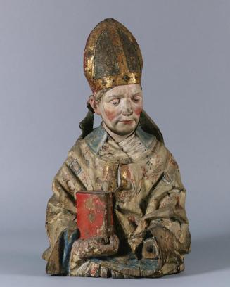 Südtiroler Bildschnitzer, Halbfigur eines Bischofs, 3. Viertel 15. Jahrhundert, Zirbenholz, gef ...