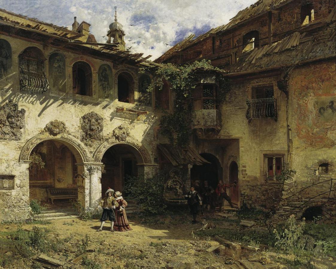 Robert Russ, Hof der Fürstenburg in Burgeis, vor 1871, Öl auf Leinwand, 137,5 x 166 cm, Belvede ...