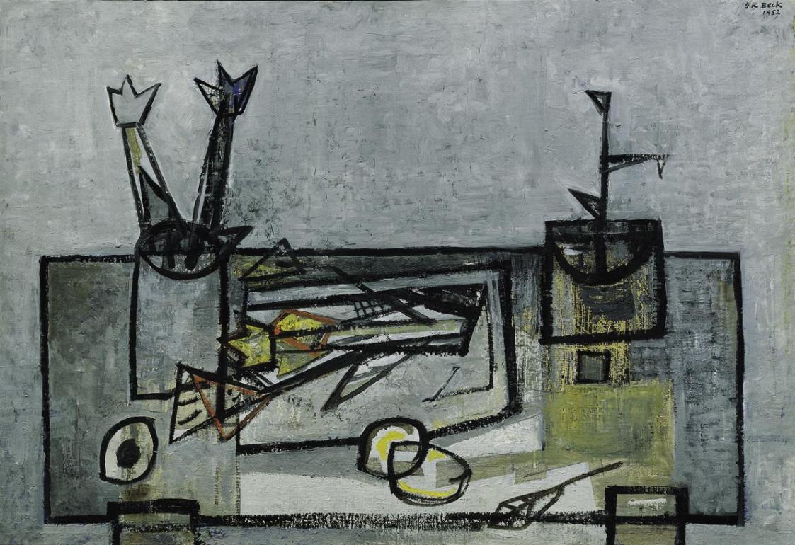 Gustav Kurt Beck, Stillleben mit Tisch, Blumen und Zitronen, 1952, Öl auf Leinwand, 52 x 75,5 c ...