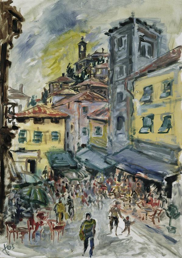 Felix Smetana, Kaffeehausplatz in einer südlichen Stadt, 1963, Öl auf Karton, 70 x 49,5 cm, Bel ...