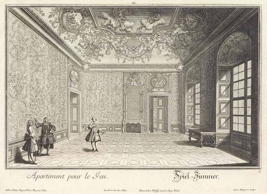 Salomon Kleiner, Spielzimmer, 1734, Radierung, Druck in Schwarz auf Papier, Dauerleihgabe aus P ...
