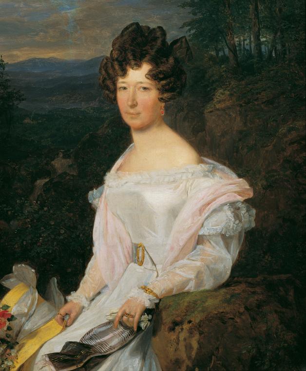 Ferdinand Georg Waldmüller, Dame in weißem Kleid vor einer Wienerwaldlandschaft, 1829, Öl auf H ...