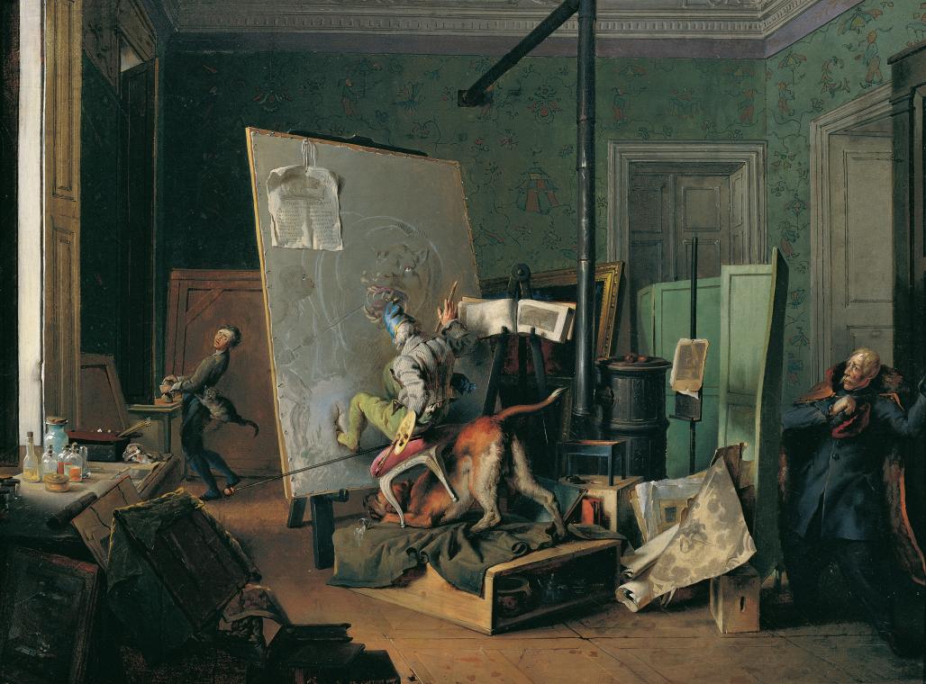 Josef Danhauser, Komische Szene im Atelier, 1829, Öl auf Leinwand, 40,3 x 52 cm, Belvedere, Wie ...