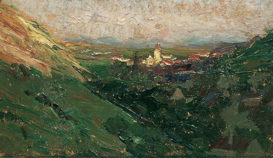 Olga Wisinger-Florian, Blick auf das Kahlenberger Dorf, Öl auf Karton, 15,5 x 26 cm, Belvedere, ...