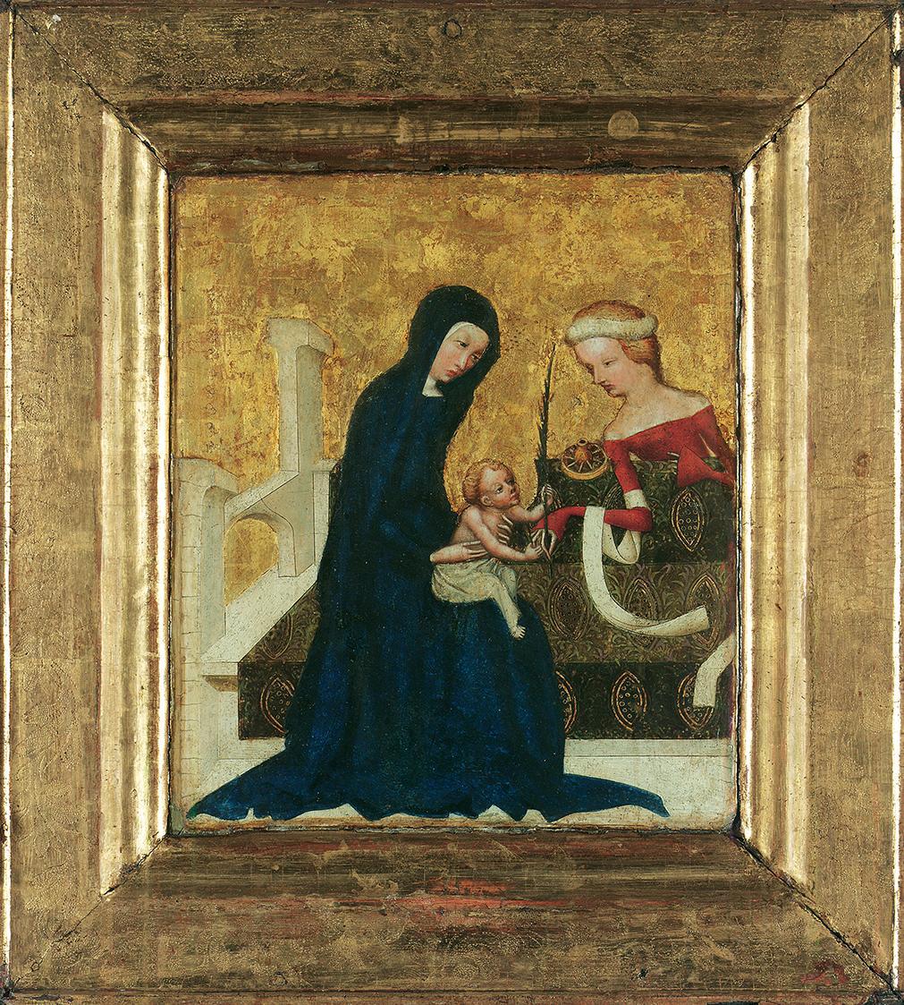 Meister von Heiligenkreuz, Mystische Vermählung der hl. Katharina, um 1415/1420, Malerei auf Ei ...