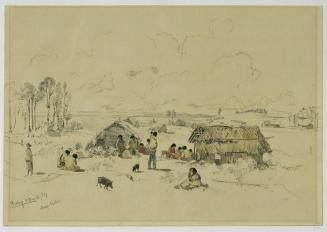 Joseph Selleny, Maori-Dorf am Fluss Mangatawhiri, Auckland (Neuseeland), 1858, Bleistift, Aquar ...