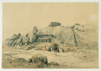 Joseph Selleny, Felsentempel von Mamallapuram (Mahamaleipur), Indien, 1858, Tusche, Aquarell au ...