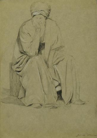 Josef Wawra, Sitzender Mann mit Turban, undatiert, Bleistift auf Papier, weiß gehöht, 35 x 25 c ...