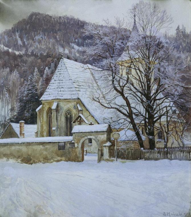 Georg Holub, Winter im Rosenthal bei Kapellen (Steiermark) mit altgotischer Kirche, 1915, Aquar ...