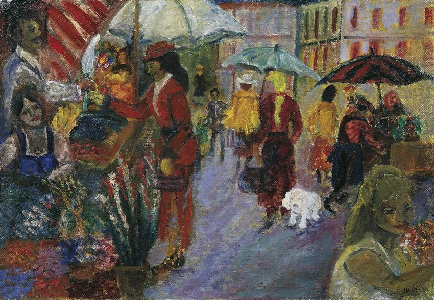 Roberta Hoch-Deutschmann, Am Markt, Öl auf Hartfaserplatte, 36 x 52 cm, Belvedere, Wien, Inv.-N ...