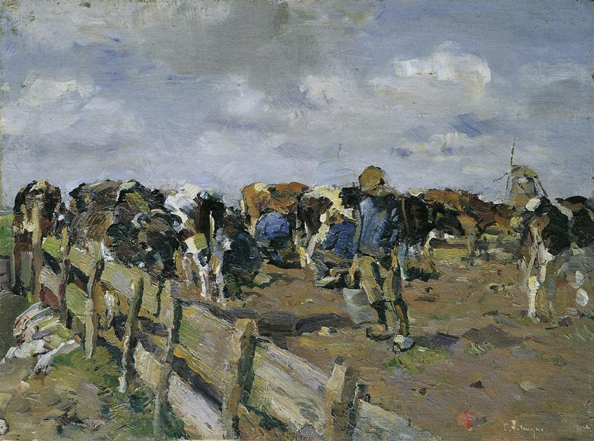 Carl Fahringer, Melken der Kühe, Öl auf Leinwand, 32 x 42 cm, Belvedere, Wien, Inv.-Nr. 2581
