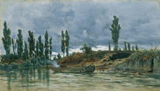 Unbekannter Künstler, Flusslandschaft mit Kahn, um 1880, Öl auf Leinwand, 18 x 31,5 cm, Belvede ...