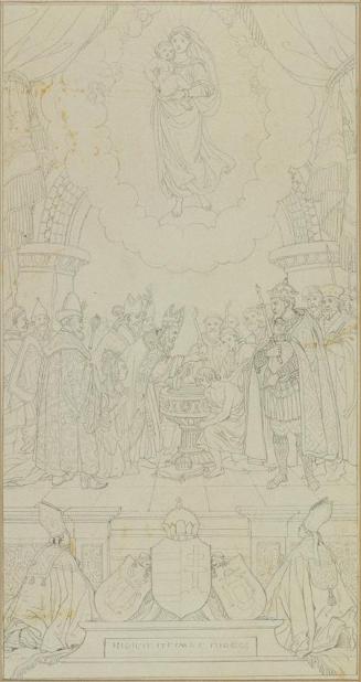 Johann Peter Krafft, Taufe des Stephan von Ungarn (Konturzeichnung zu einem Altarblatt), Bleist ...